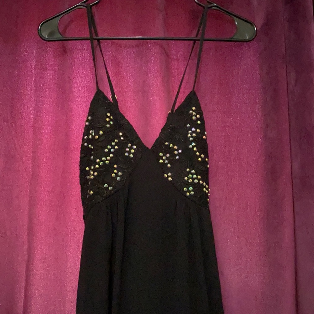 Evening maxi dress with beaded bodice spaghetti strap and V-neck